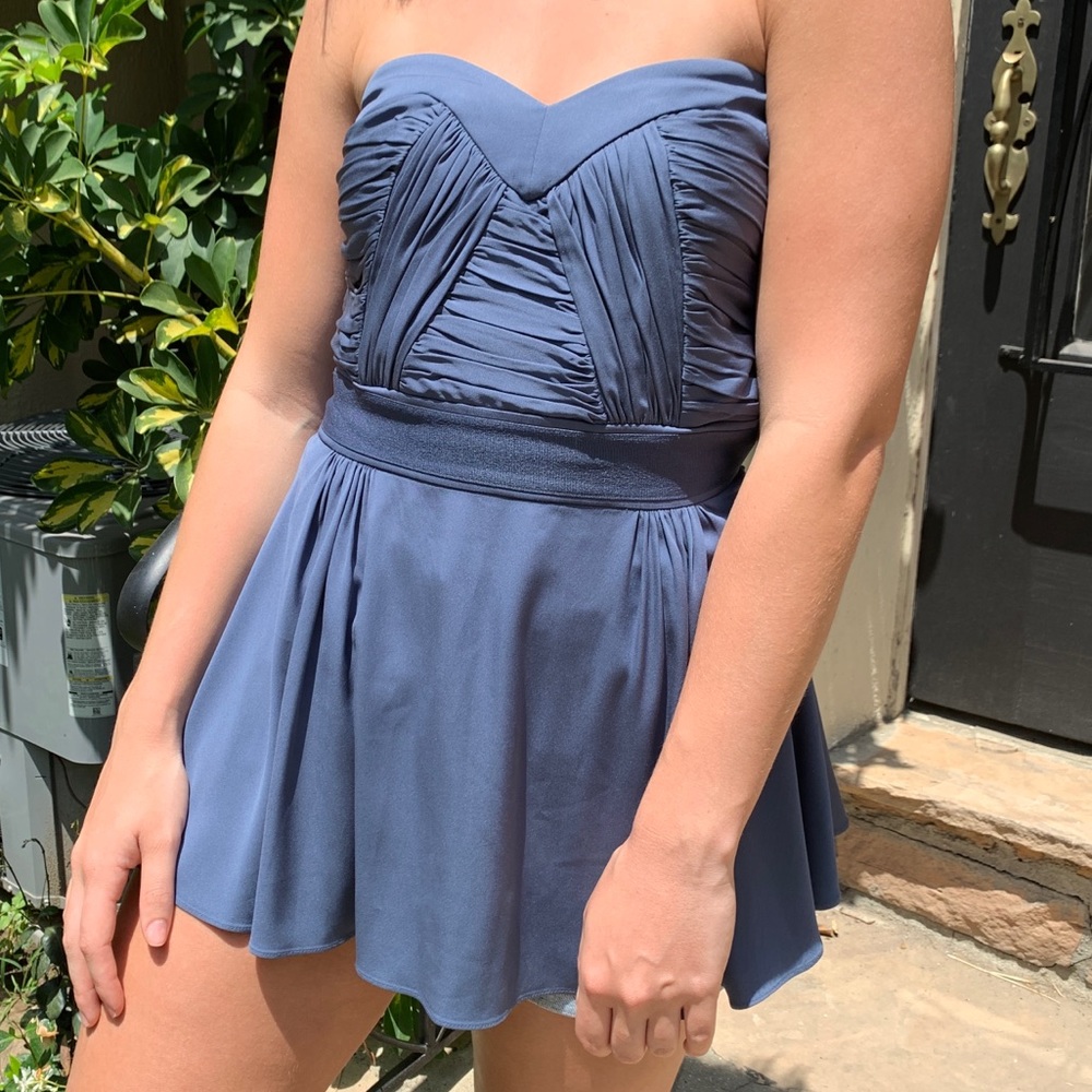 ABAETE Silk Strapless Corset Top in Navy